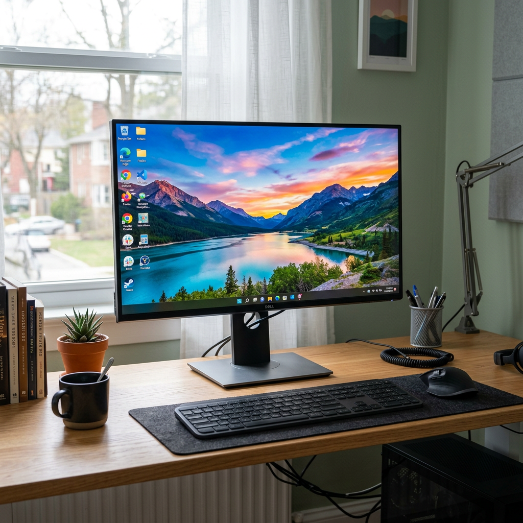 Home office desk with Dell monitor showing mountain and lake wallpaper